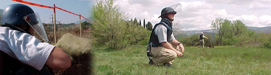 Left: QA Officer observes manual clearance drills from a safe distance whilst utilising a low profile approach.    Right: QA Officer conducting QA on Mine Detection Dog Teams (MDDT)